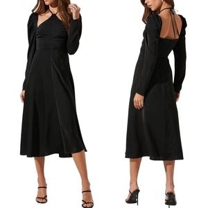 ASTR THE LABEL NWT Cinched Halter Tie Midi Dress Long Slv Black Satin Sz S